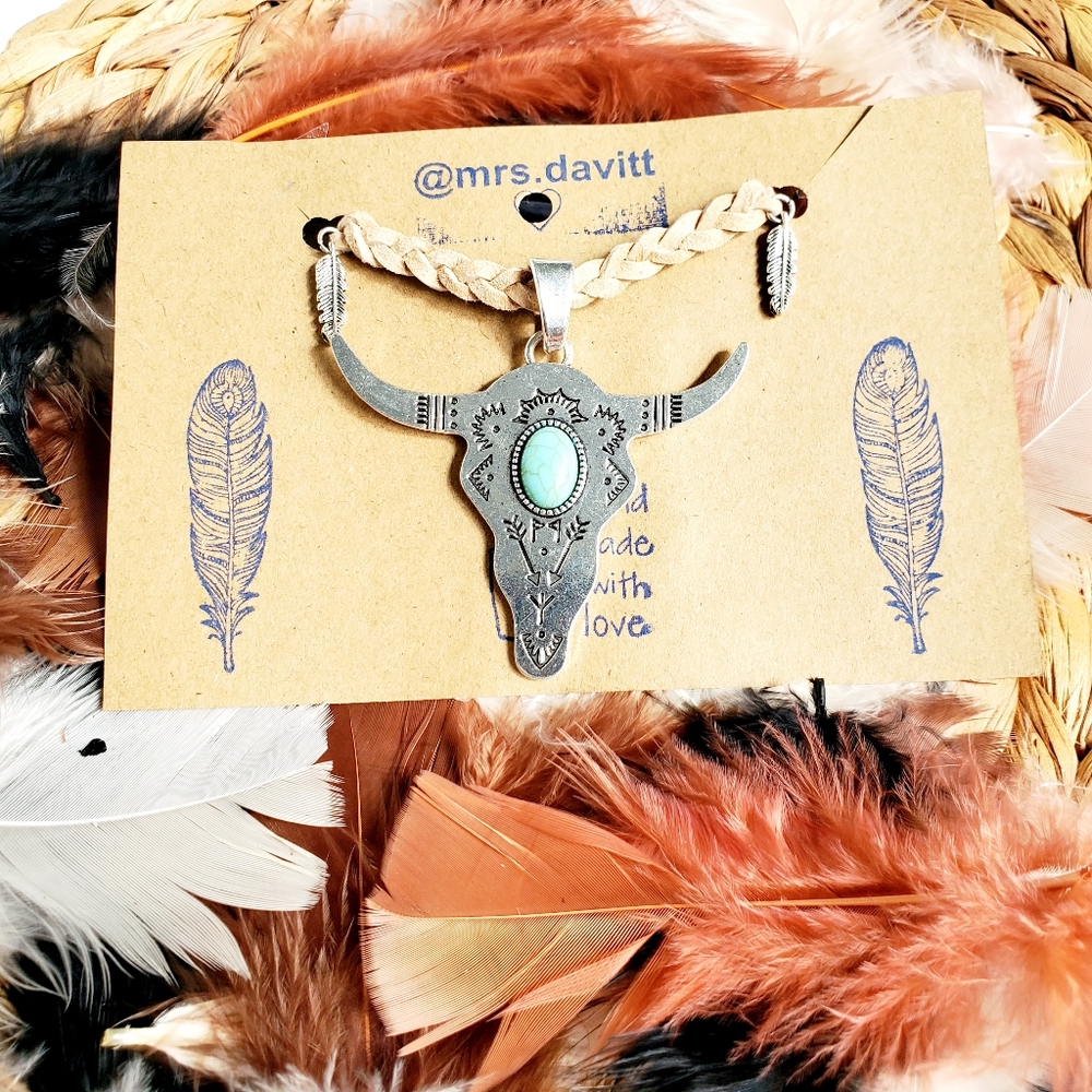 Turquoise Steer Head Western Necklace /choker - Picture 10 of 10